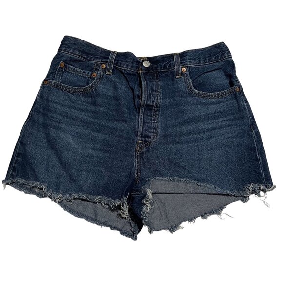 Levis Premium Ribcage Shorts Denim High-Waisted Frayed Hem Women's Blue Cotton C - Picture 1 of 10